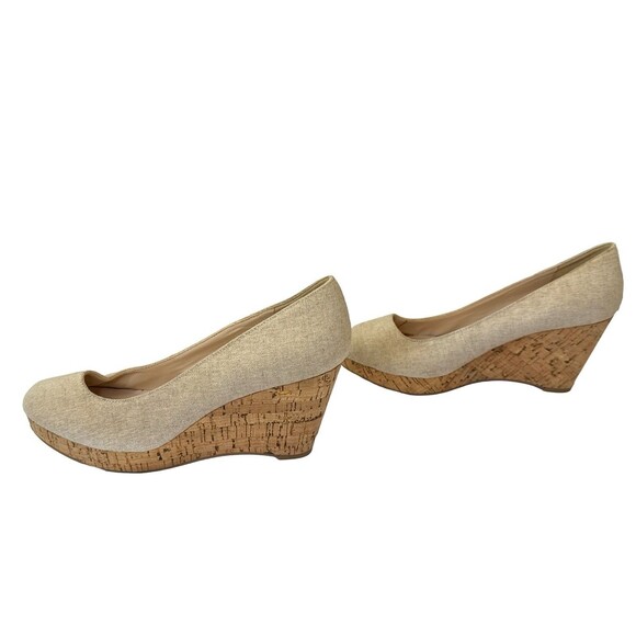 Nine West Beige Cork Wedge Heels Size 7.5M | Linen Look Slip-On Pumps Neutral - Picture 3 of 7